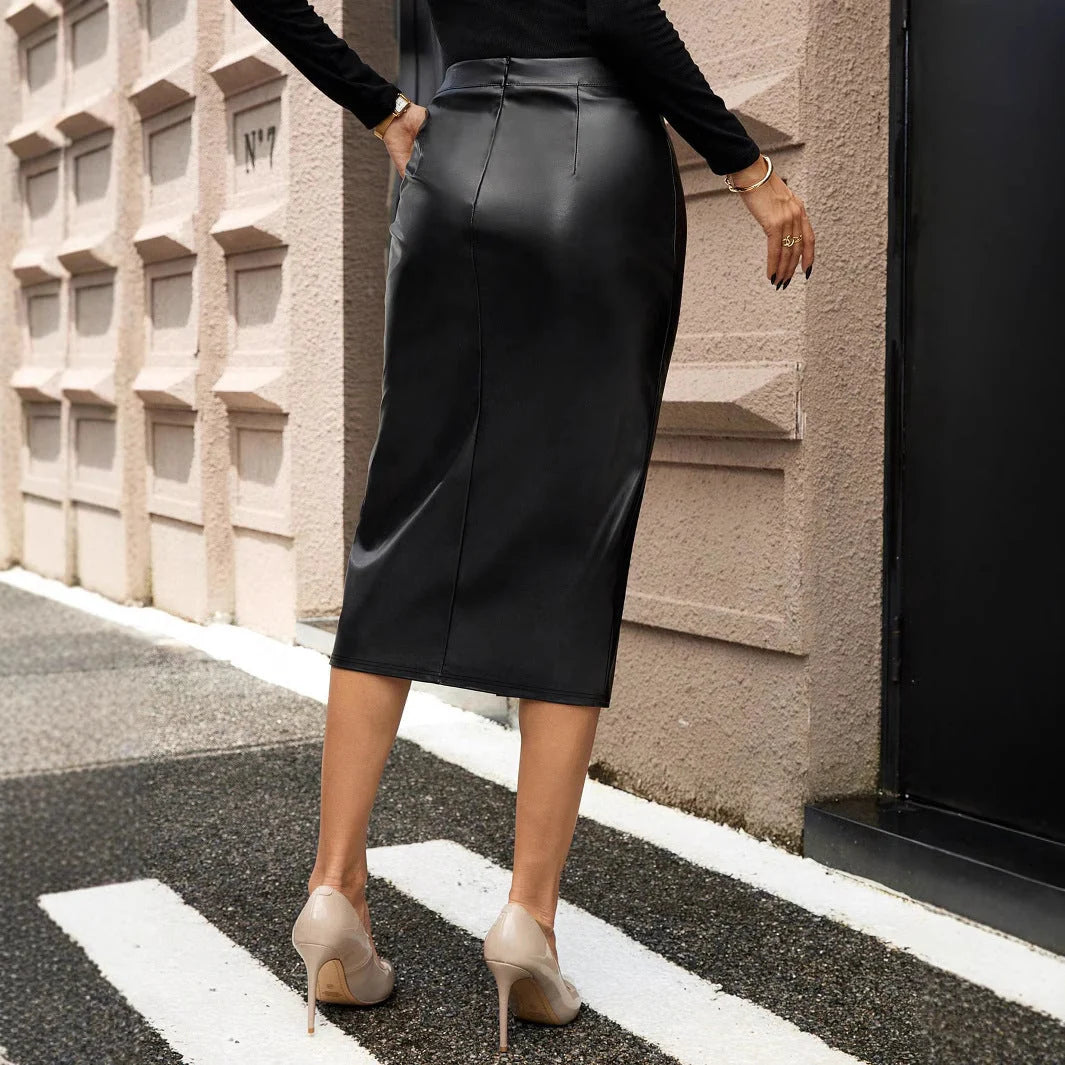 Womens Elegant High Slit Midi Skirt Faux Leather 3