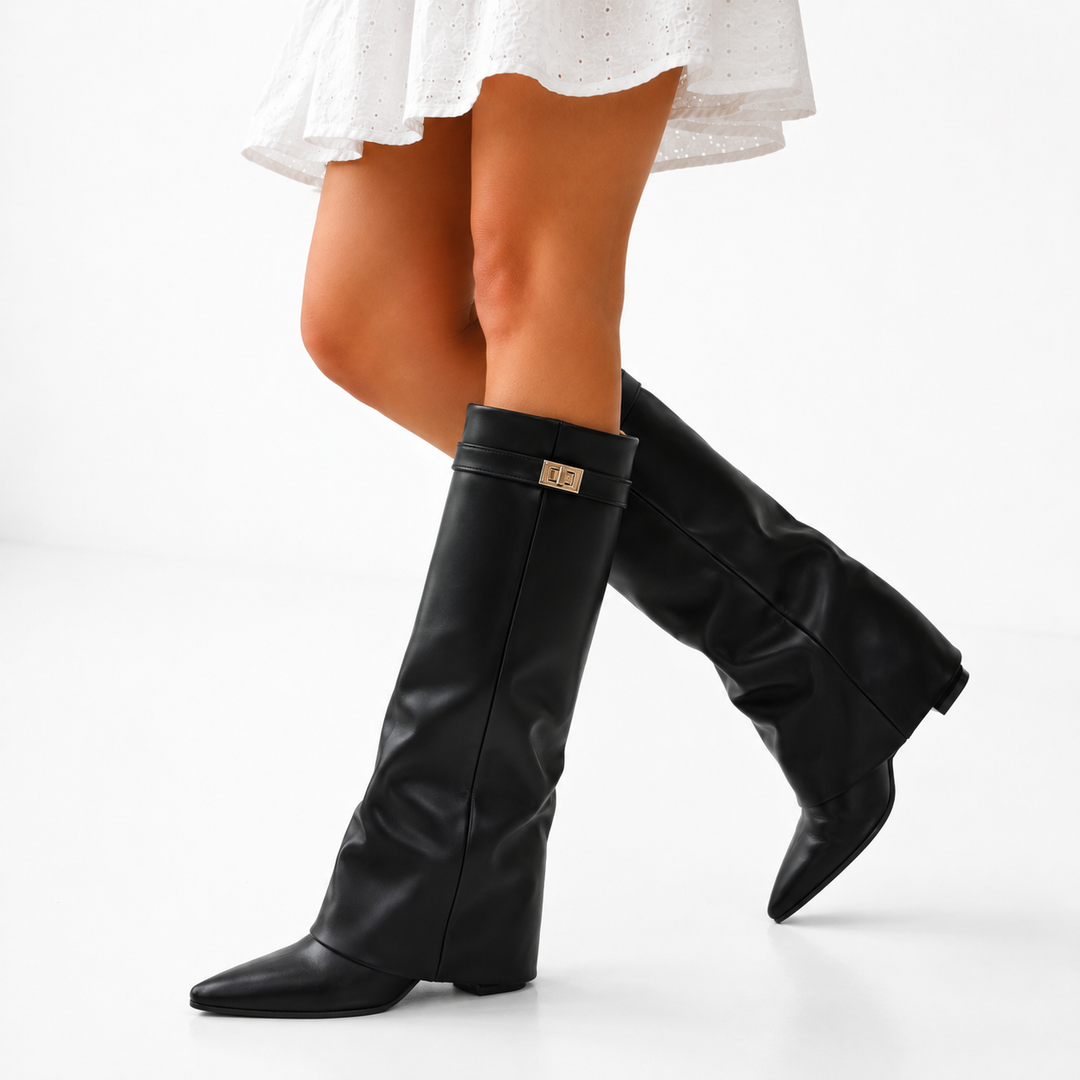Womens Elegant Pointed Toe Black Knee High Boots Vegan Leather 0