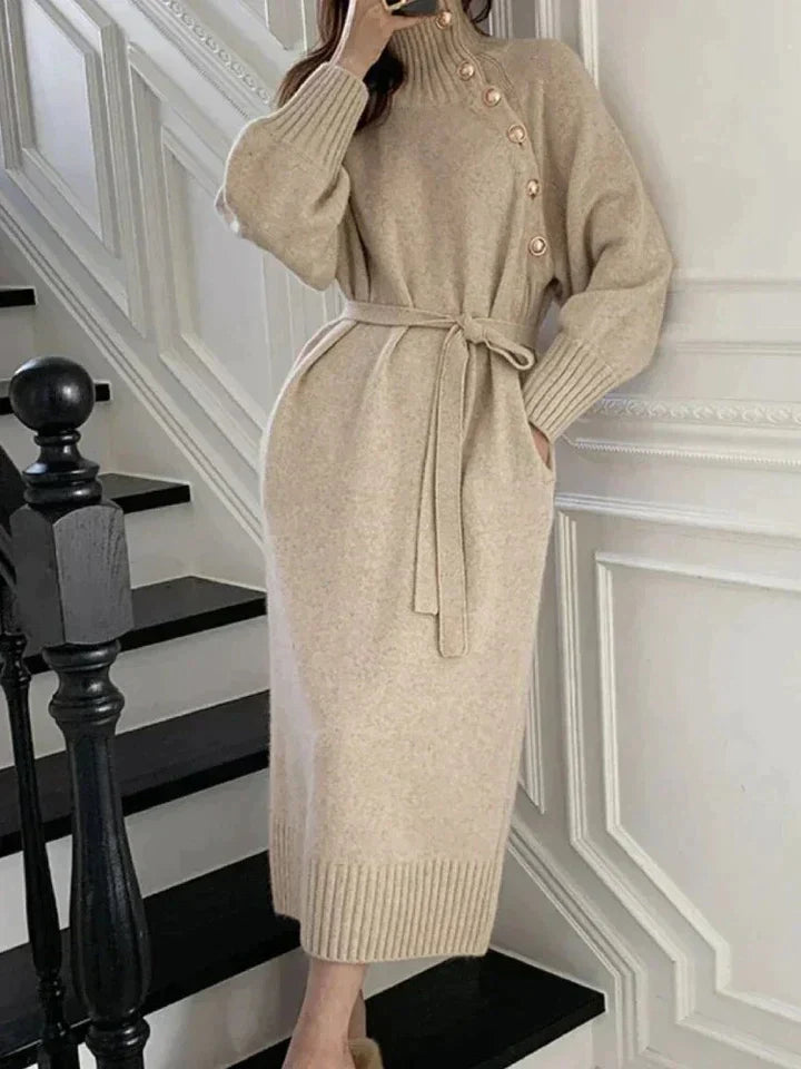Womens Elegant Turtleneck Tie Waist Sweater Winter Dress Knit 1
