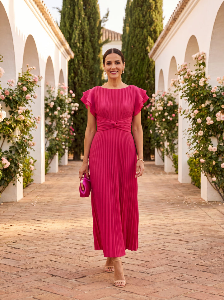 Wisteria | Women's Pleated Floral Maxi Wedding Guest Dress – Ruffle Sleeve
