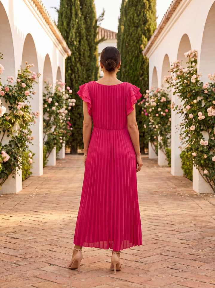 Wisteria | Women's Pleated Floral Maxi Wedding Guest Dress – Ruffle Sleeve