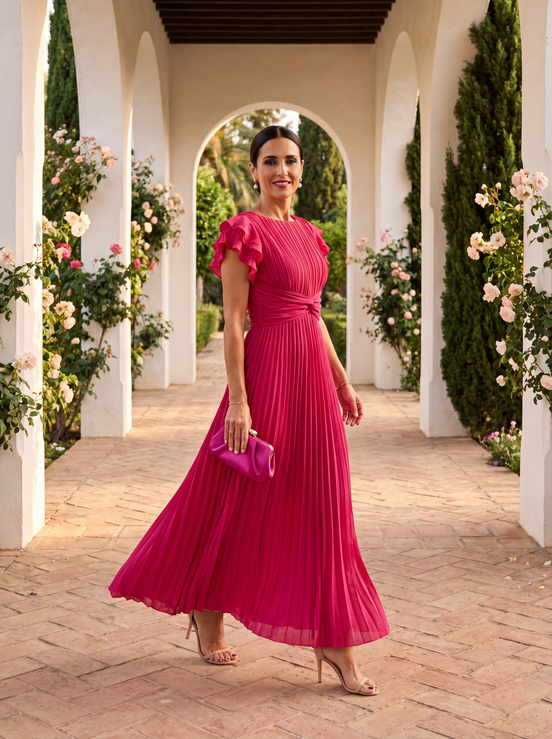 Wisteria | Women's Pleated Floral Maxi Wedding Guest Dress – Ruffle Sleeve