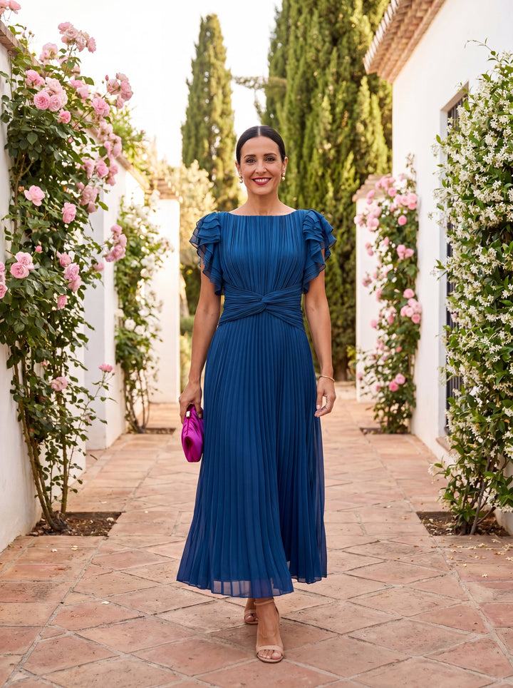 Wisteria | Women's Pleated Floral Maxi Wedding Guest Dress – Ruffle Sleeve