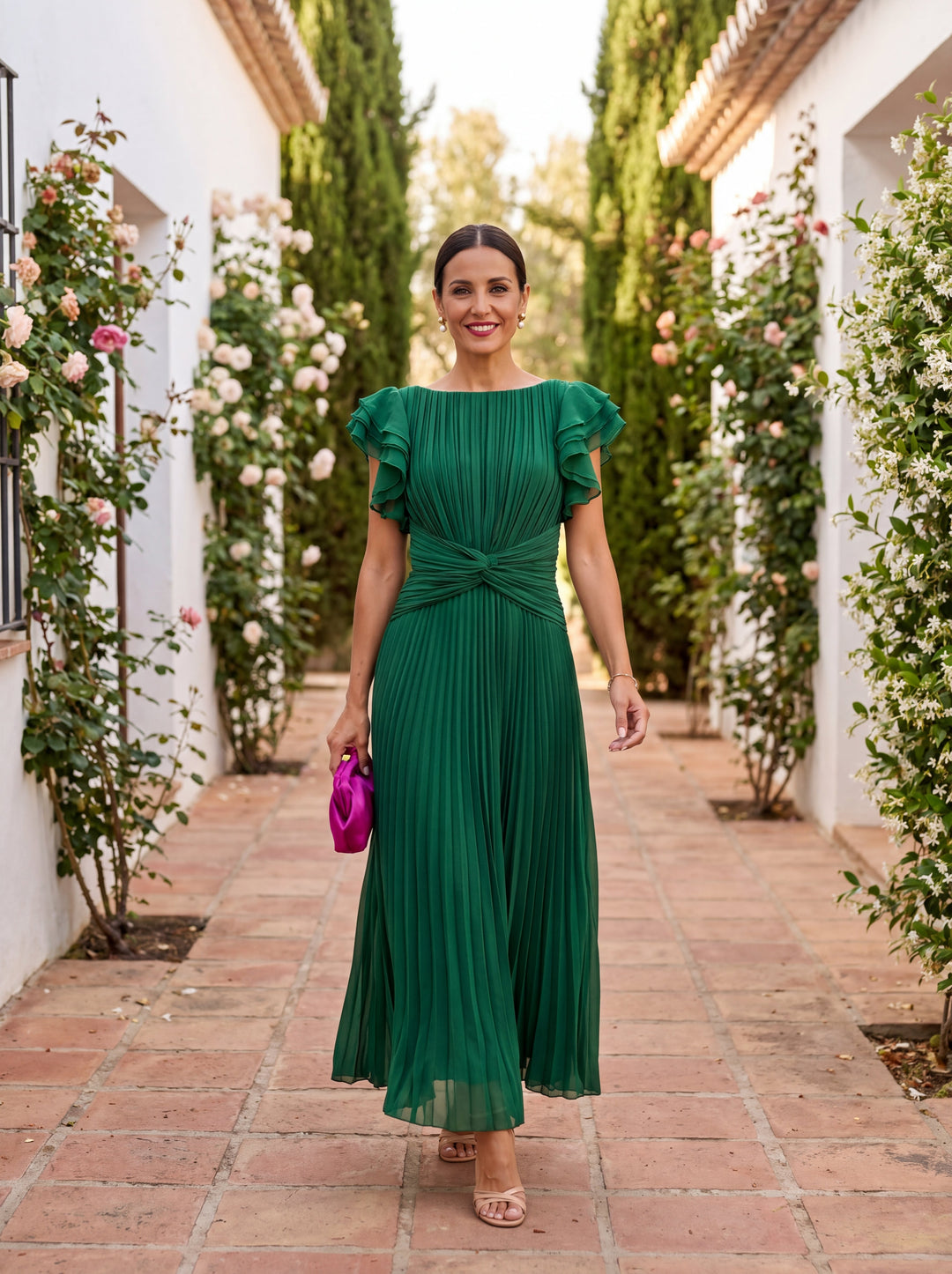 Wisteria | Women's Pleated Floral Maxi Wedding Guest Dress – Ruffle Sleeve