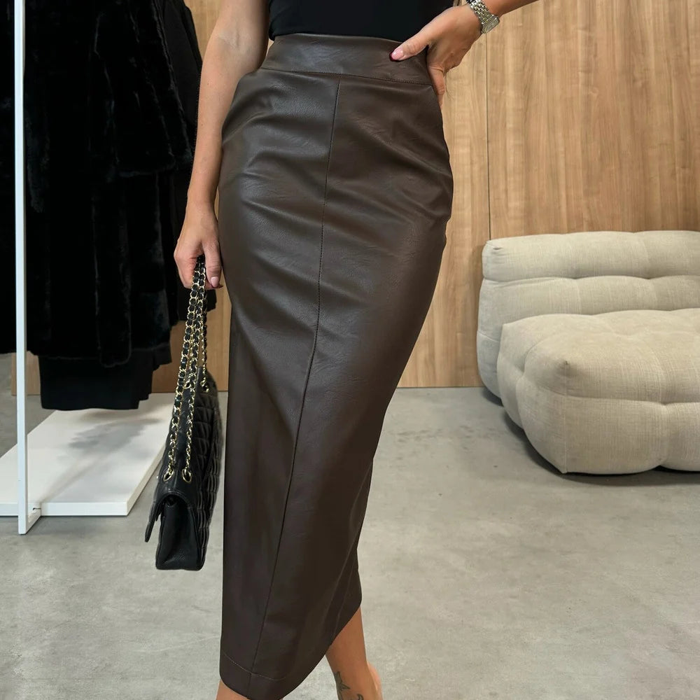 Womens Fitted High Waist Midi Skirt Faux Leather 0