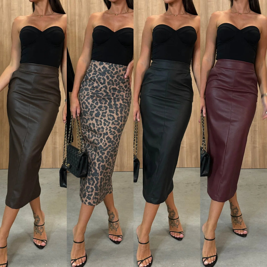 Womens Fitted High Waist Midi Skirt Faux Leather 1