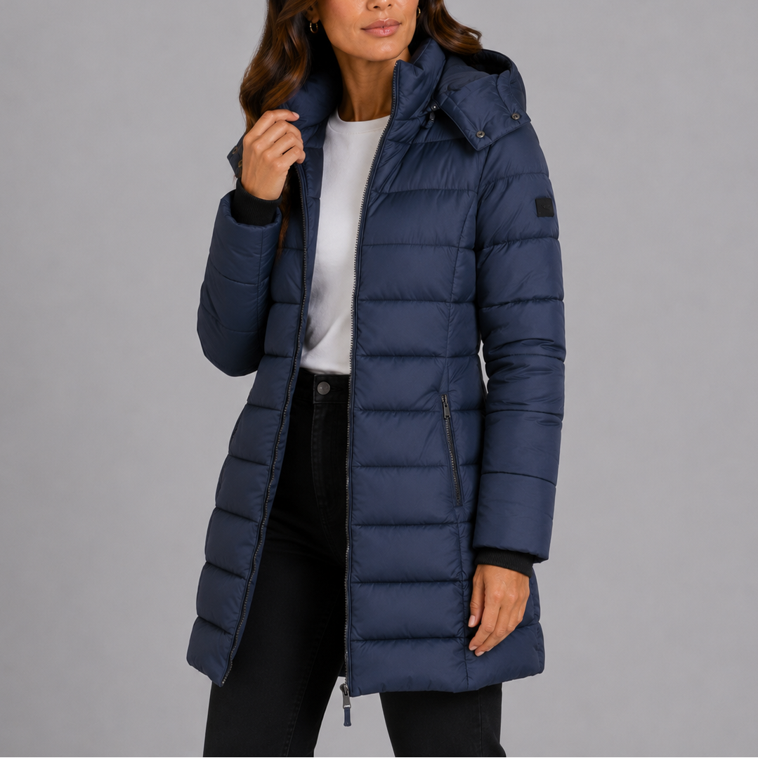 Womens Fitted Long Hooded Black Puffer Jacket Insulated 0