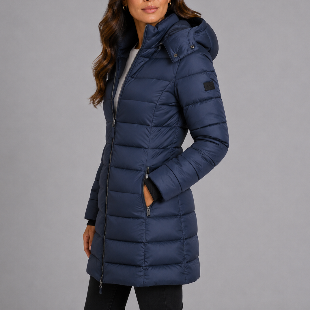 Womens Fitted Long Hooded Black Puffer Jacket Insulated 1