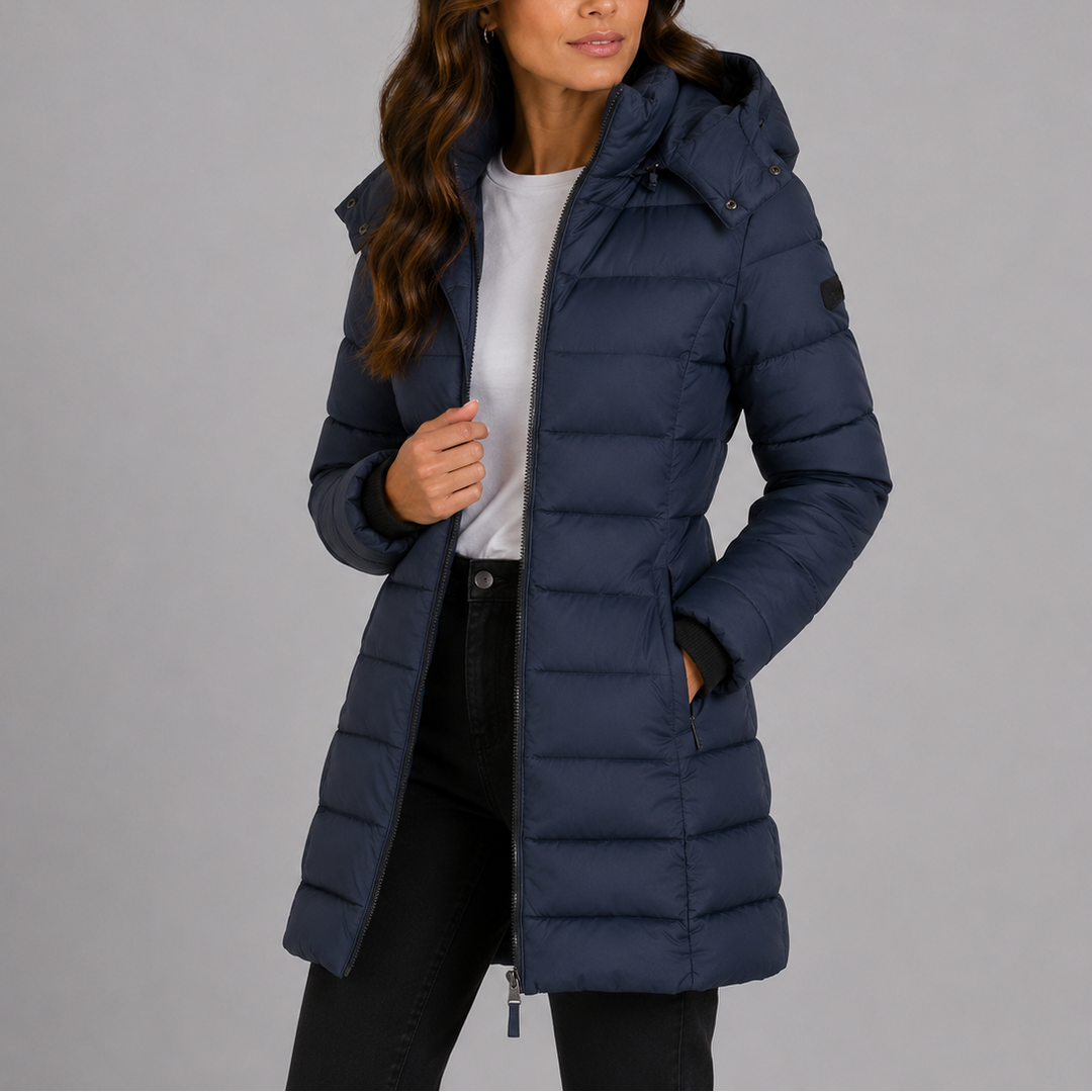 Womens Fitted Long Hooded Black Puffer Jacket Insulated 2