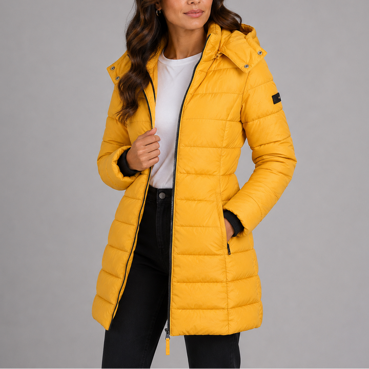 Womens Fitted Long Hooded Black Puffer Jacket Insulated 3