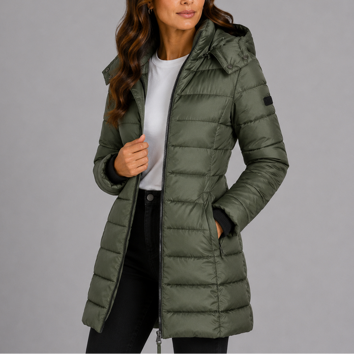 Womens Fitted Long Hooded Black Puffer Jacket Insulated 4