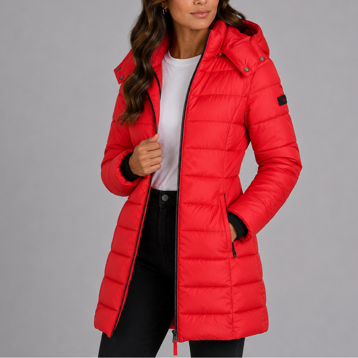 Womens Fitted Long Hooded Black Puffer Jacket Insulated 6