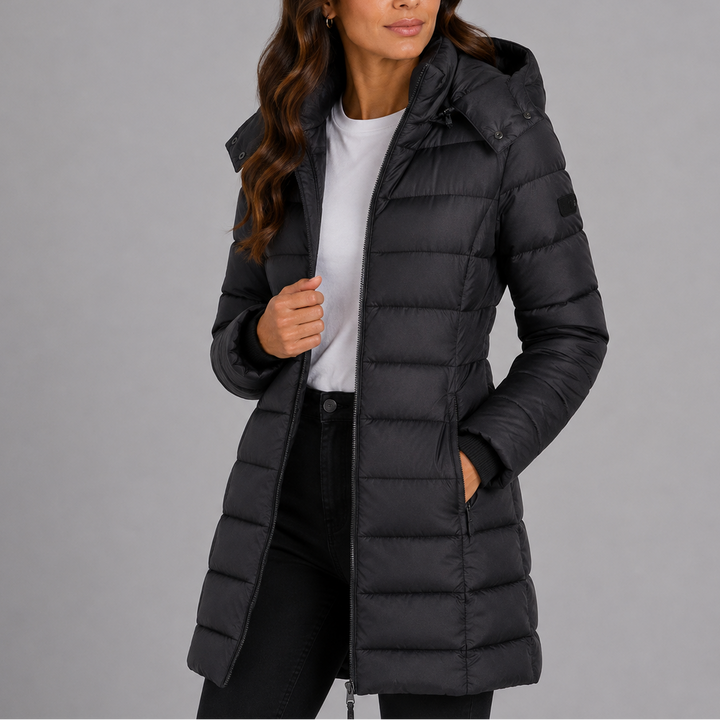 Womens Fitted Long Hooded Black Puffer Jacket Insulated 7