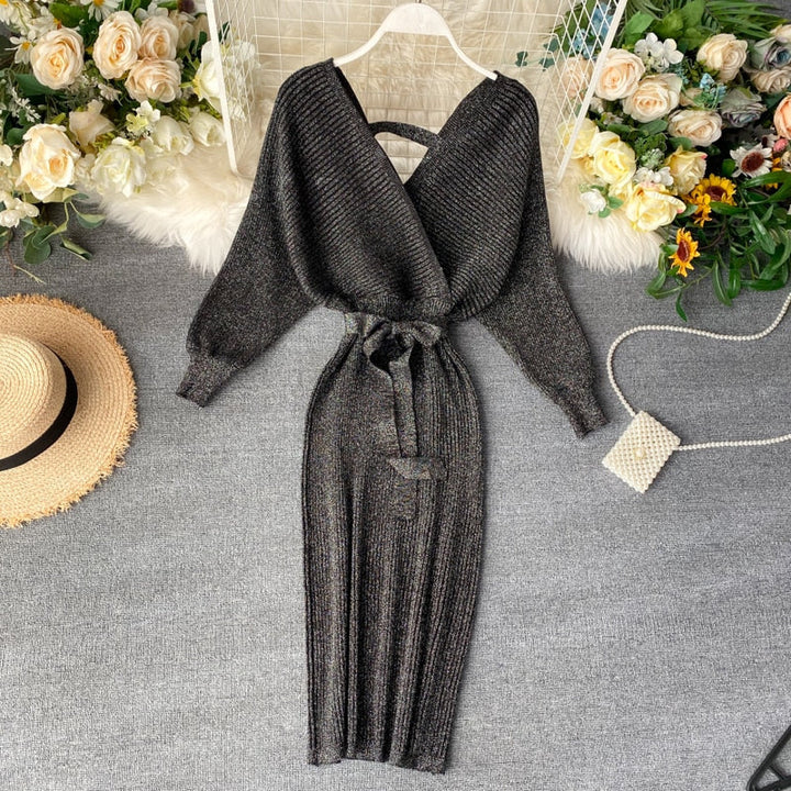 Womens Floral Bohemian Batwing Midi Winter Dress Knitted 0