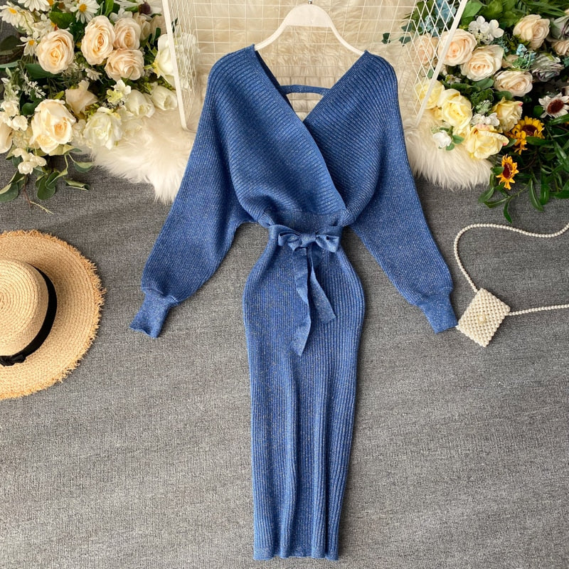 Womens Floral Bohemian Batwing Midi Winter Dress Knitted 2