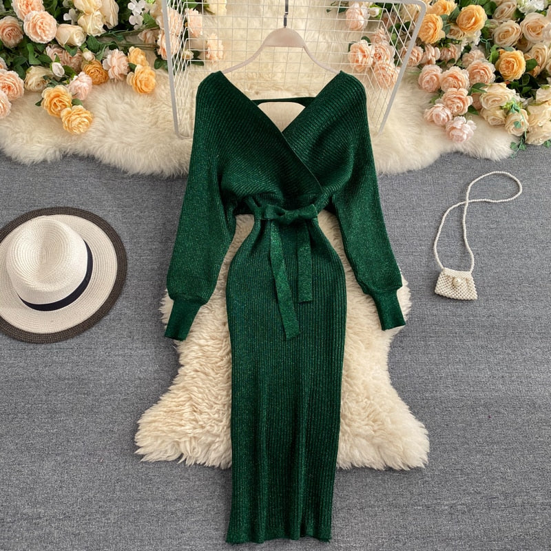 Womens Floral Bohemian Batwing Midi Winter Dress Knitted 3