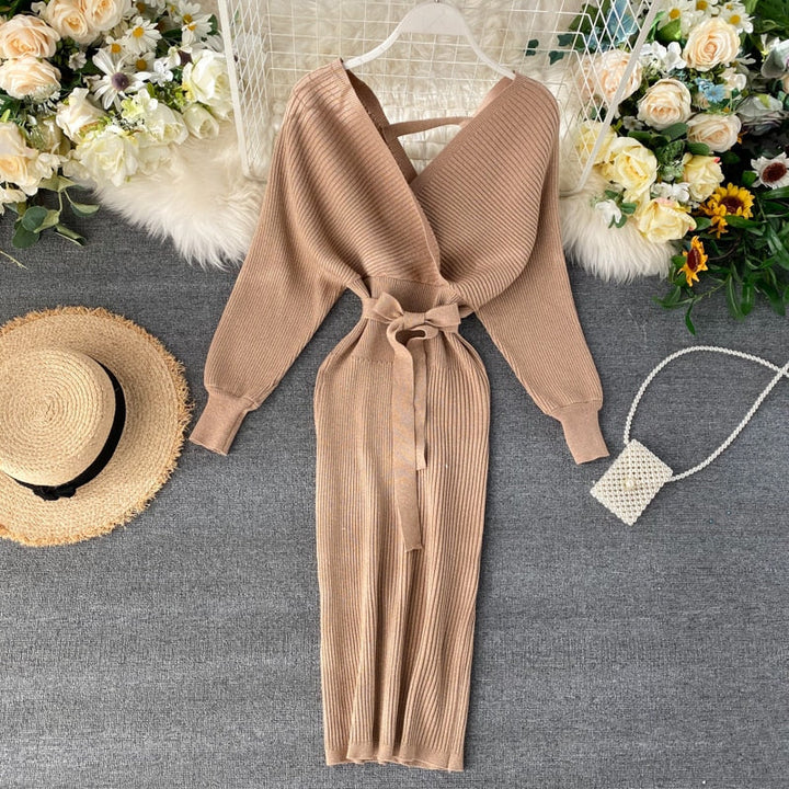 Womens Floral Bohemian Batwing Midi Winter Dress Knitted 4