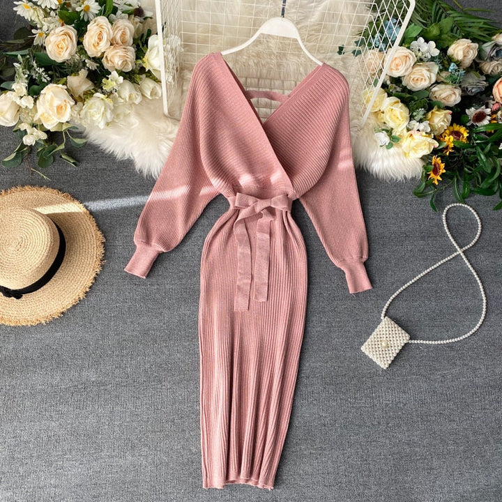 Womens Floral Bohemian Batwing Midi Winter Dress Knitted 5