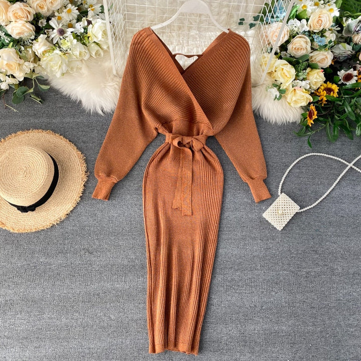 Womens Floral Bohemian Batwing Midi Winter Dress Knitted 7
