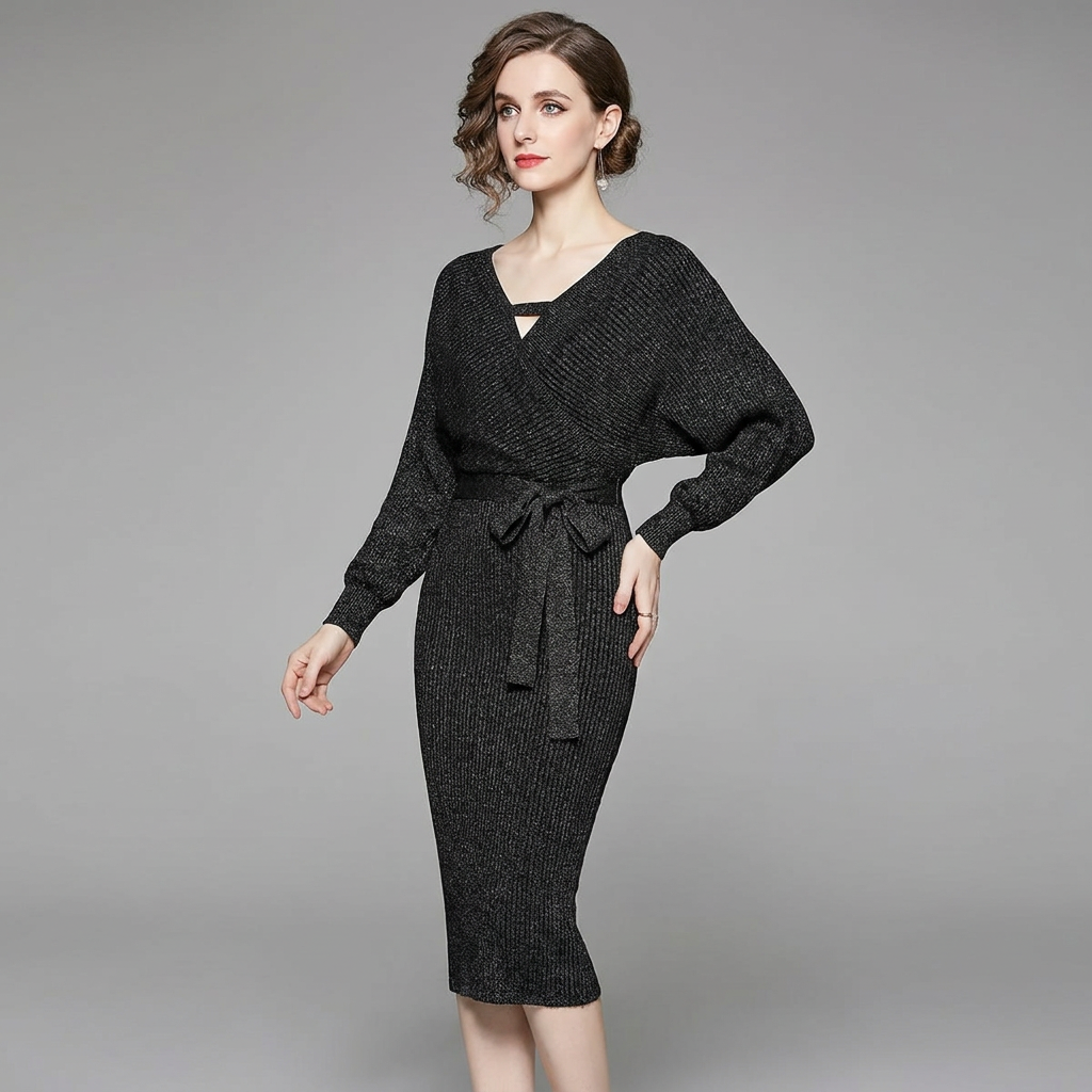 Womens Floral Bohemian Batwing Midi Winter Dress Knitted 9