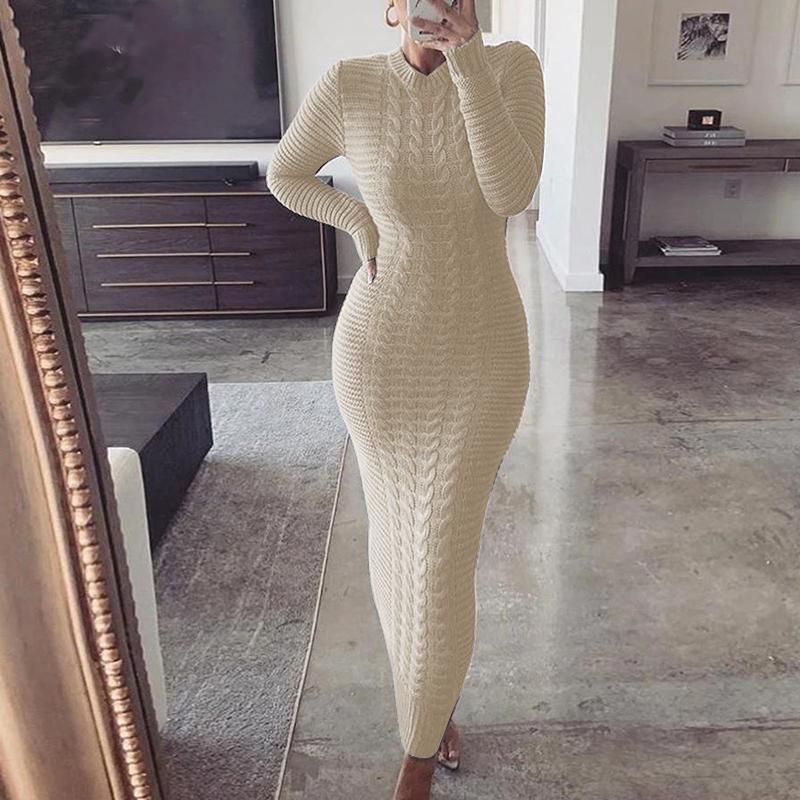 Womens Floral Bohemian Long Sleeve Bodycon Maxi Winter Dress Knit 0