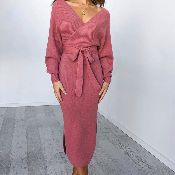 Womens Floral Bohemian Long Sleeve Wrap Midi Winter Dress Knit 3