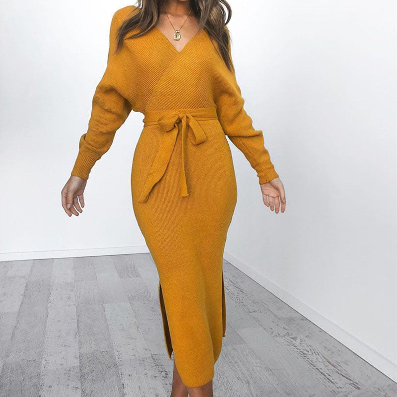 Womens Floral Bohemian Long Sleeve Wrap Midi Winter Dress Knit 4