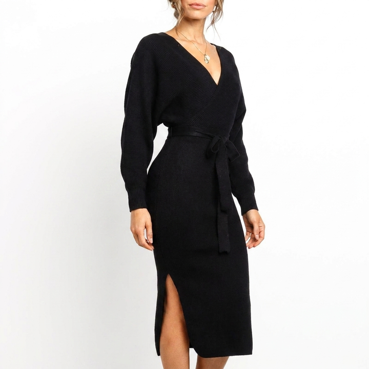 Womens Floral Bohemian Long Sleeve Wrap Midi Winter Dress Knit 6