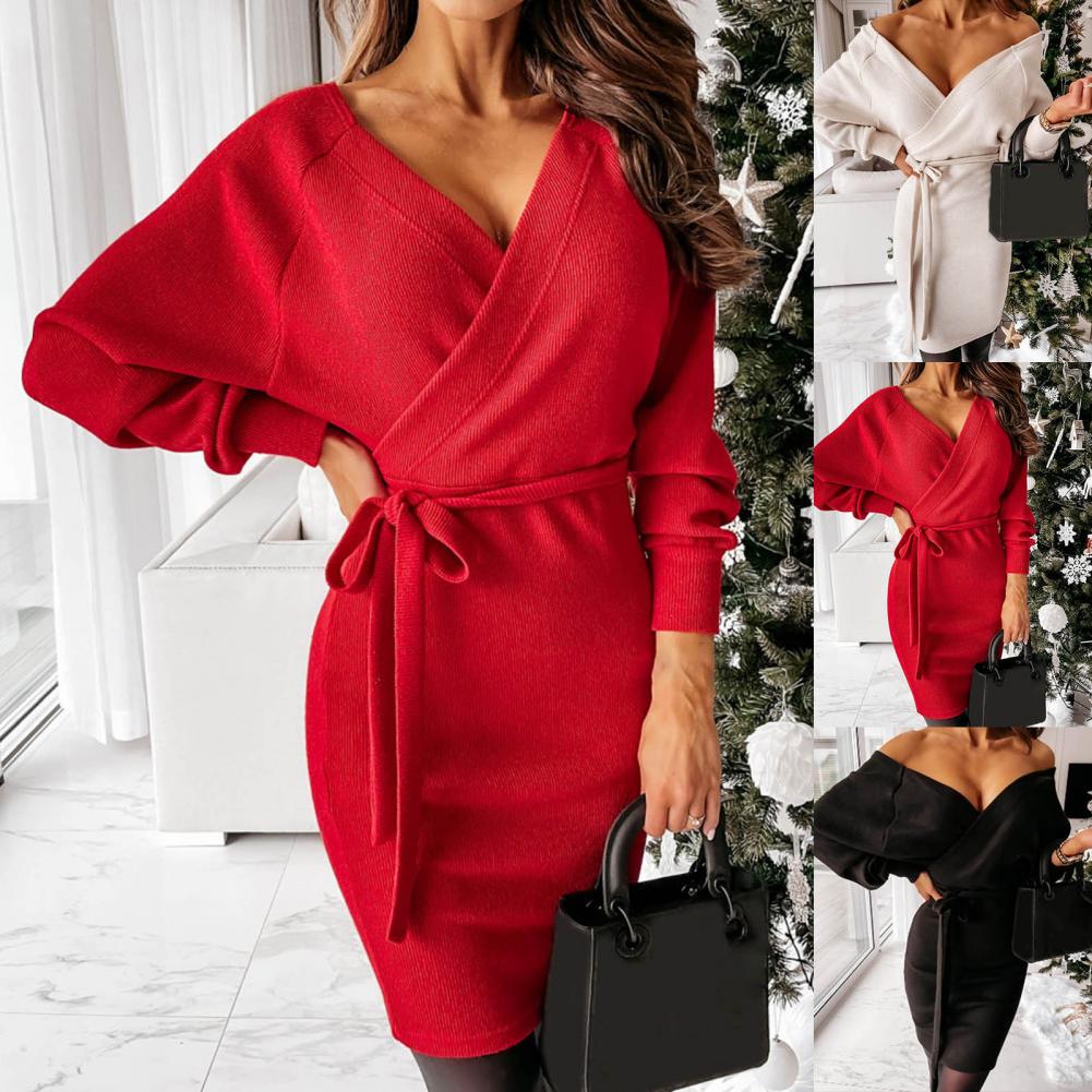 Womens Floral Bohemian Long Sleeve Wrap Winter Dress Knit 4