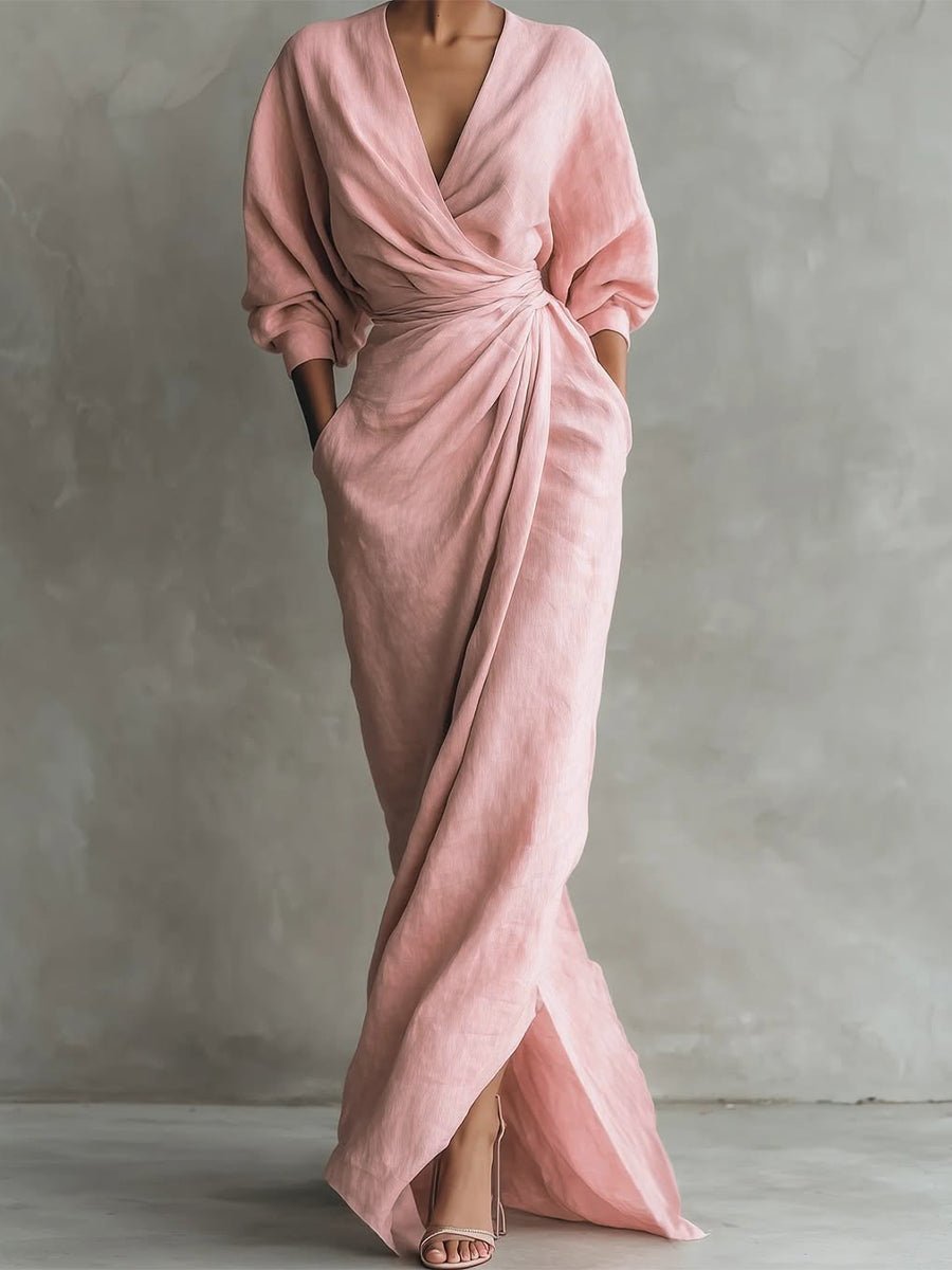 Womens Floral Draped Wrap V-Neck Maxi Dress With Pockets 0