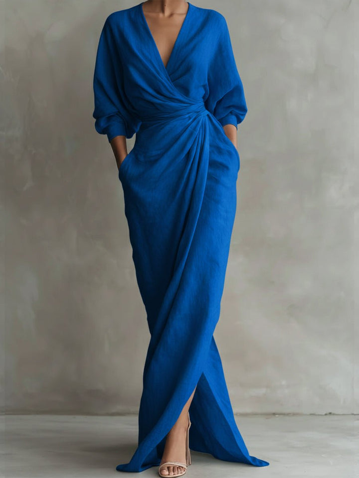 Womens Floral Draped Wrap V-Neck Maxi Dress With Pockets 1