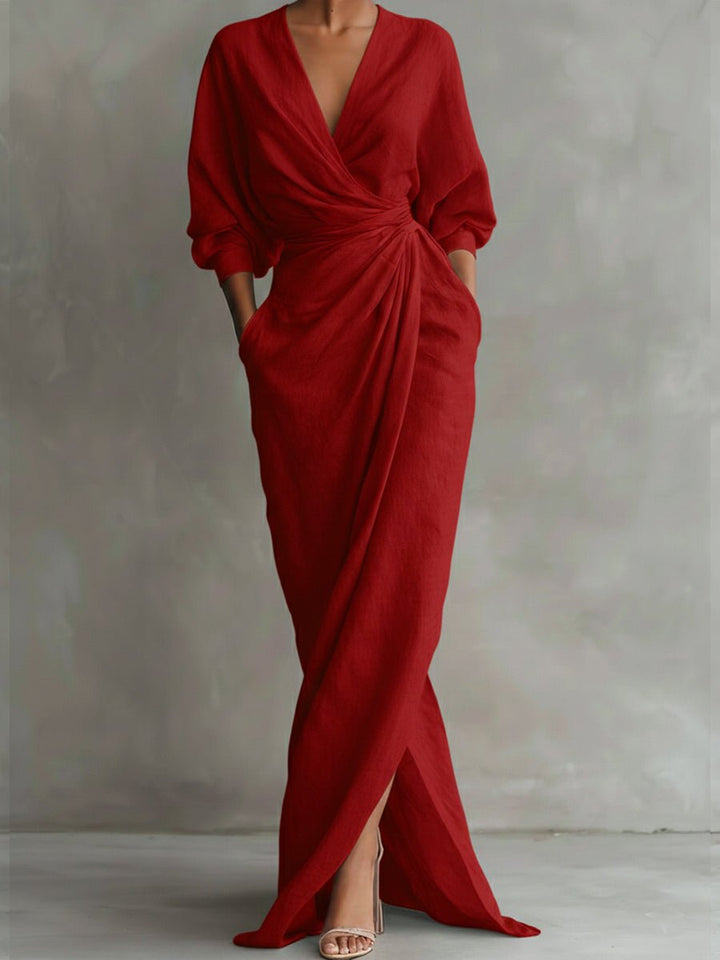 Womens Floral Draped Wrap V-Neck Maxi Dress With Pockets 2