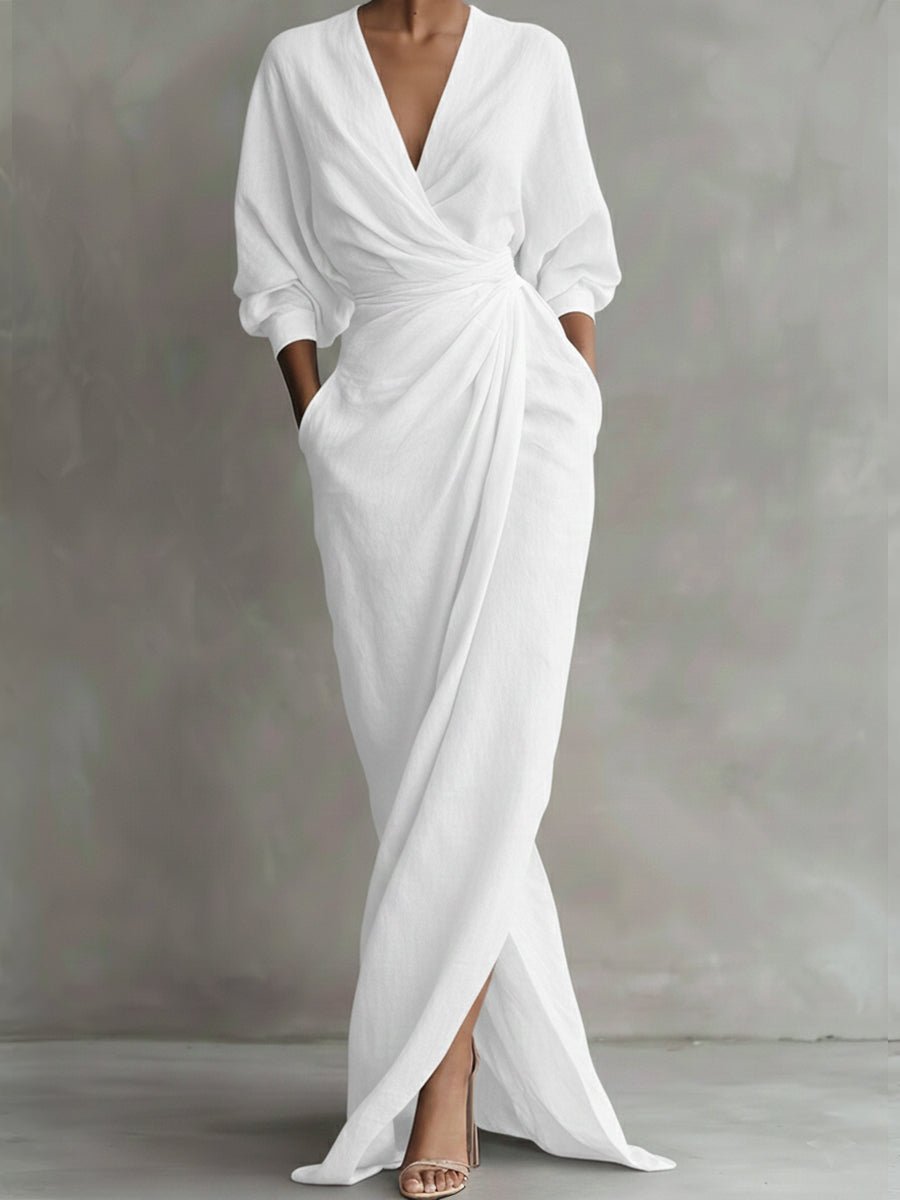 Womens Floral Draped Wrap V-Neck Maxi Dress With Pockets 3