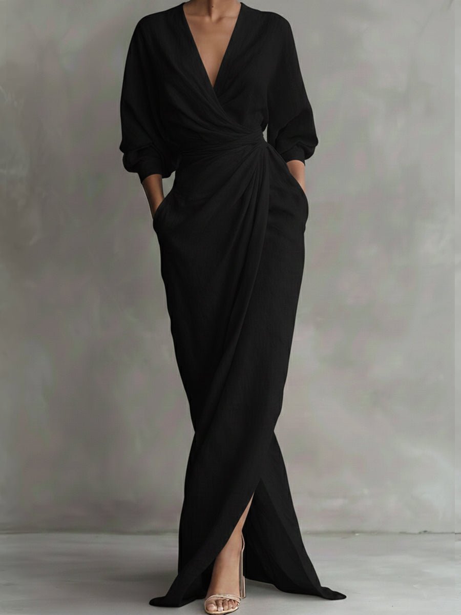 Womens Floral Draped Wrap V-Neck Maxi Dress With Pockets 4