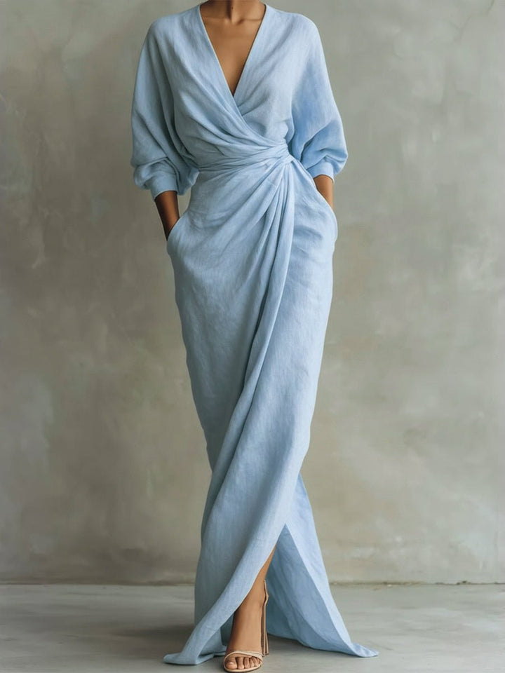 Womens Floral Draped Wrap V-Neck Maxi Dress With Pockets 5
