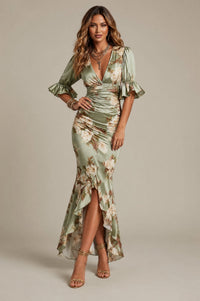 Amara | Women's Floral Wrap Maxi Wedding Guest Dress – V-Neck Design