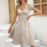 Juniper | Women's Smocked Floral Midi Wedding Guest Dress – Puff-Sleeve Bohemian Design