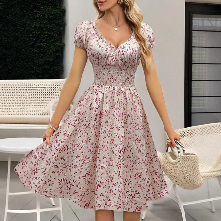 Juniper | Women's Smocked Floral Midi Wedding Guest Dress – Puff-Sleeve Bohemian Design