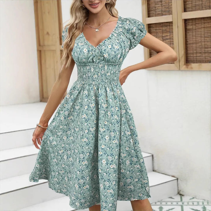Juniper | Women's Smocked Floral Midi Wedding Guest Dress – Puff-Sleeve Bohemian Design