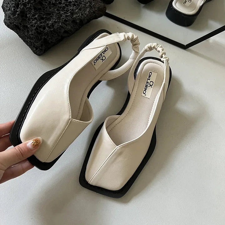Womens Modern Square Toe Slingback Black Flats Leather 0