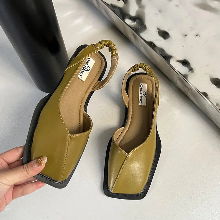 Womens Modern Square Toe Slingback Black Flats Leather 1