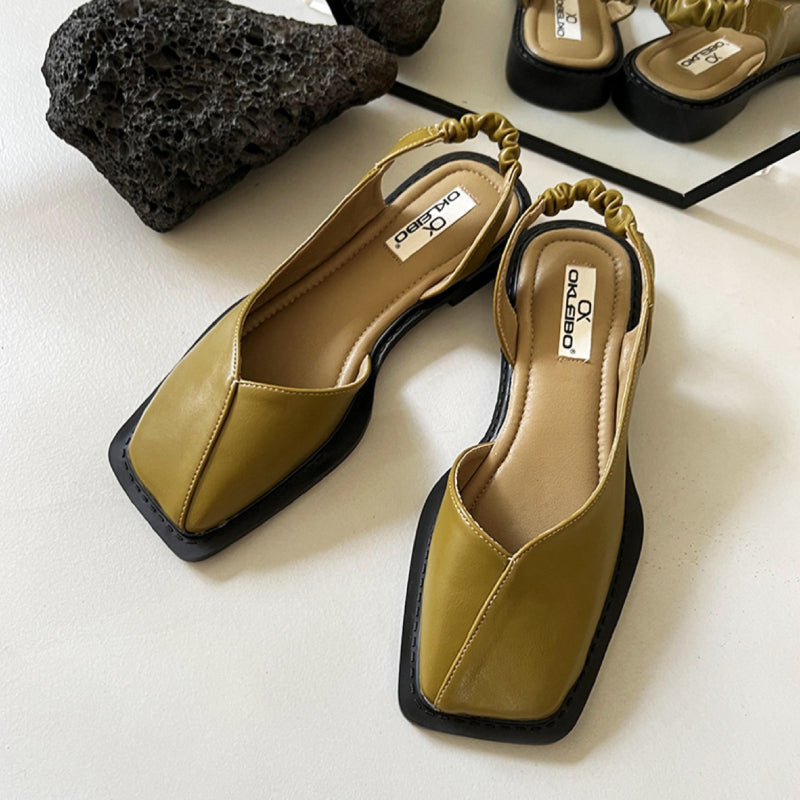 Womens Modern Square Toe Slingback Black Flats Leather 2