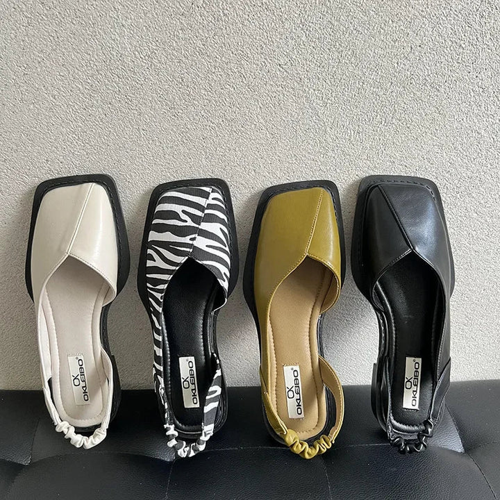 Womens Modern Square Toe Slingback Black Flats Leather 3