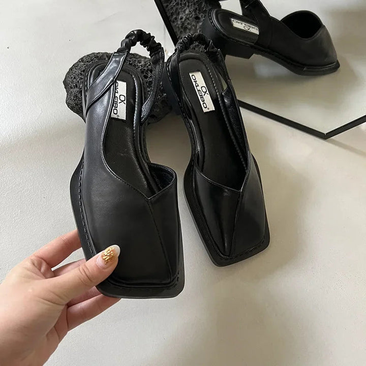 Womens Modern Square Toe Slingback Black Flats Leather 5