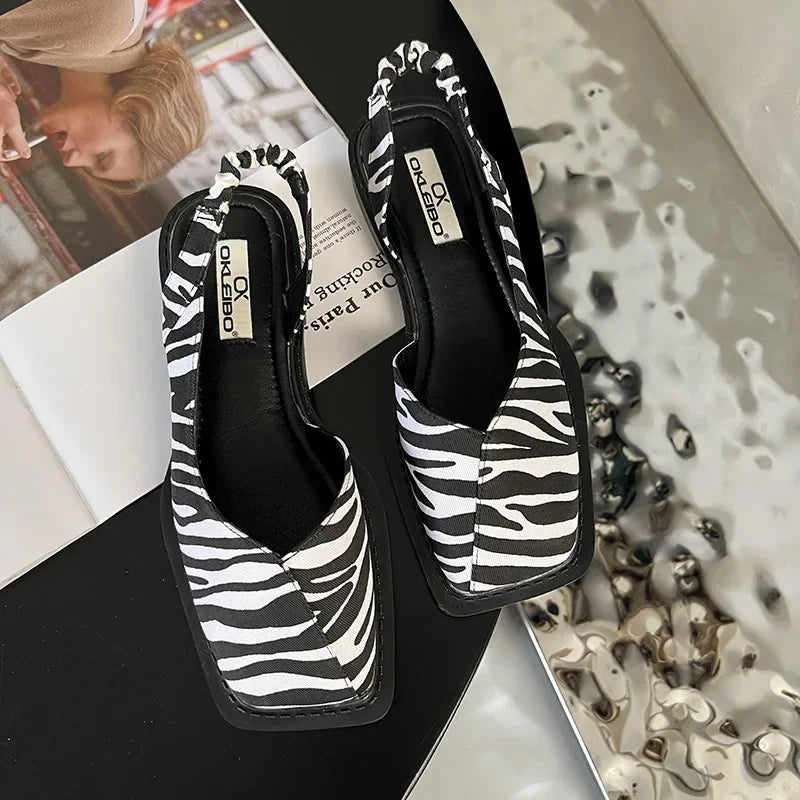 Womens Modern Square Toe Slingback Black Flats Leather 6