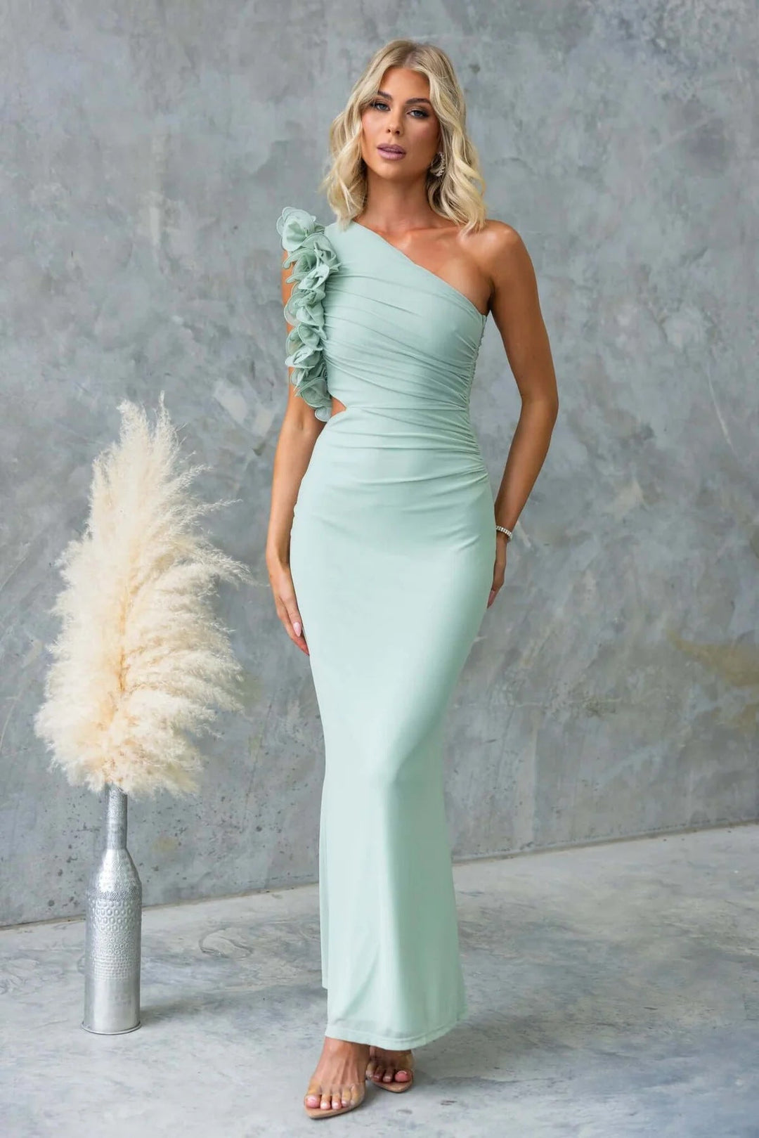 Odessa | Women's One-Shoulder Maxi Wedding Guest Dress – Ruffled Asymmetric Design