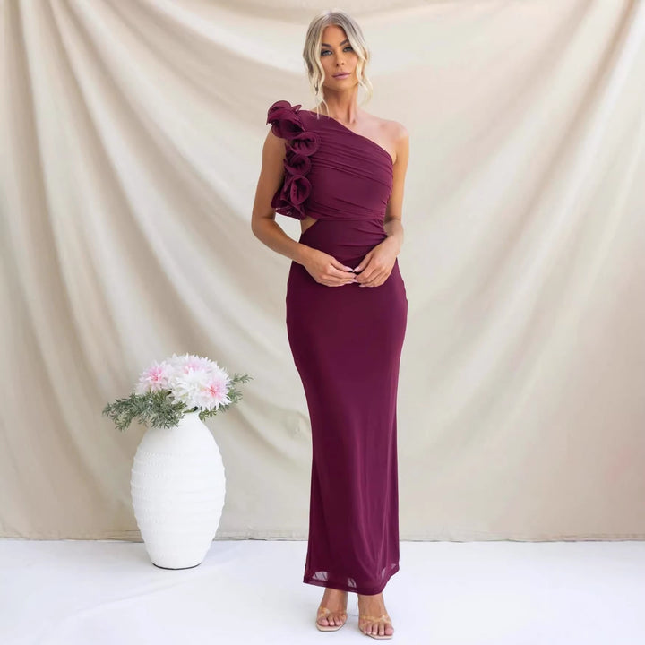 Odessa | Women's One-Shoulder Maxi Wedding Guest Dress – Ruffled Asymmetric Design
