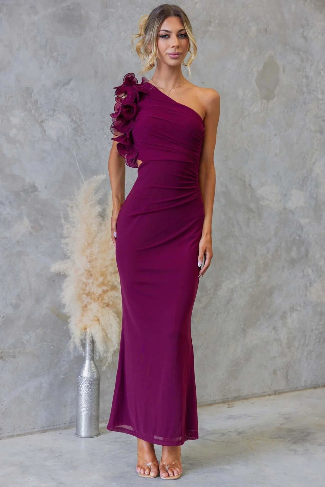 Odessa | Women's One-Shoulder Maxi Wedding Guest Dress – Ruffled Asymmetric Design