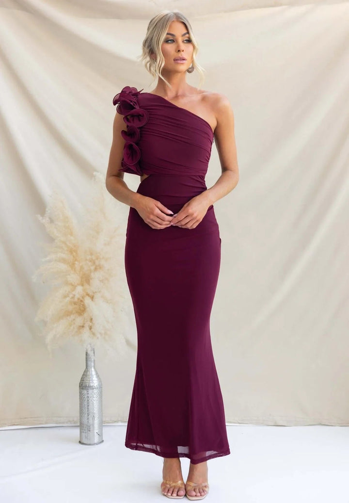 Odessa | Women's One-Shoulder Maxi Wedding Guest Dress – Ruffled Asymmetric Design