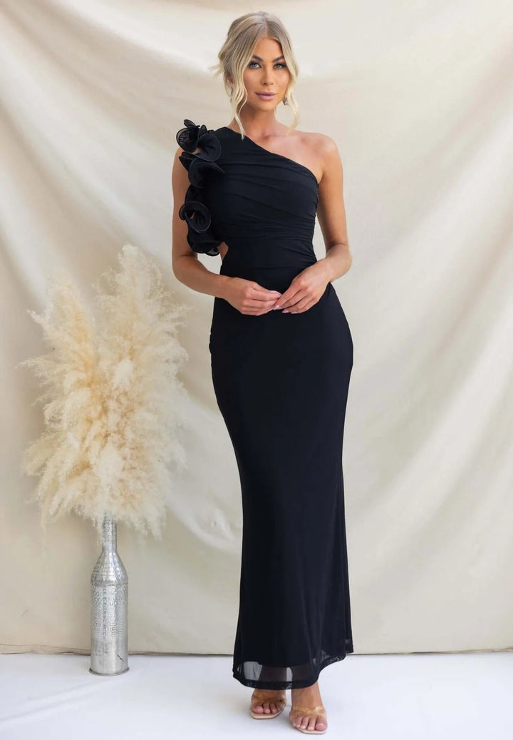 Odessa | Women's One-Shoulder Maxi Wedding Guest Dress – Ruffled Asymmetric Design